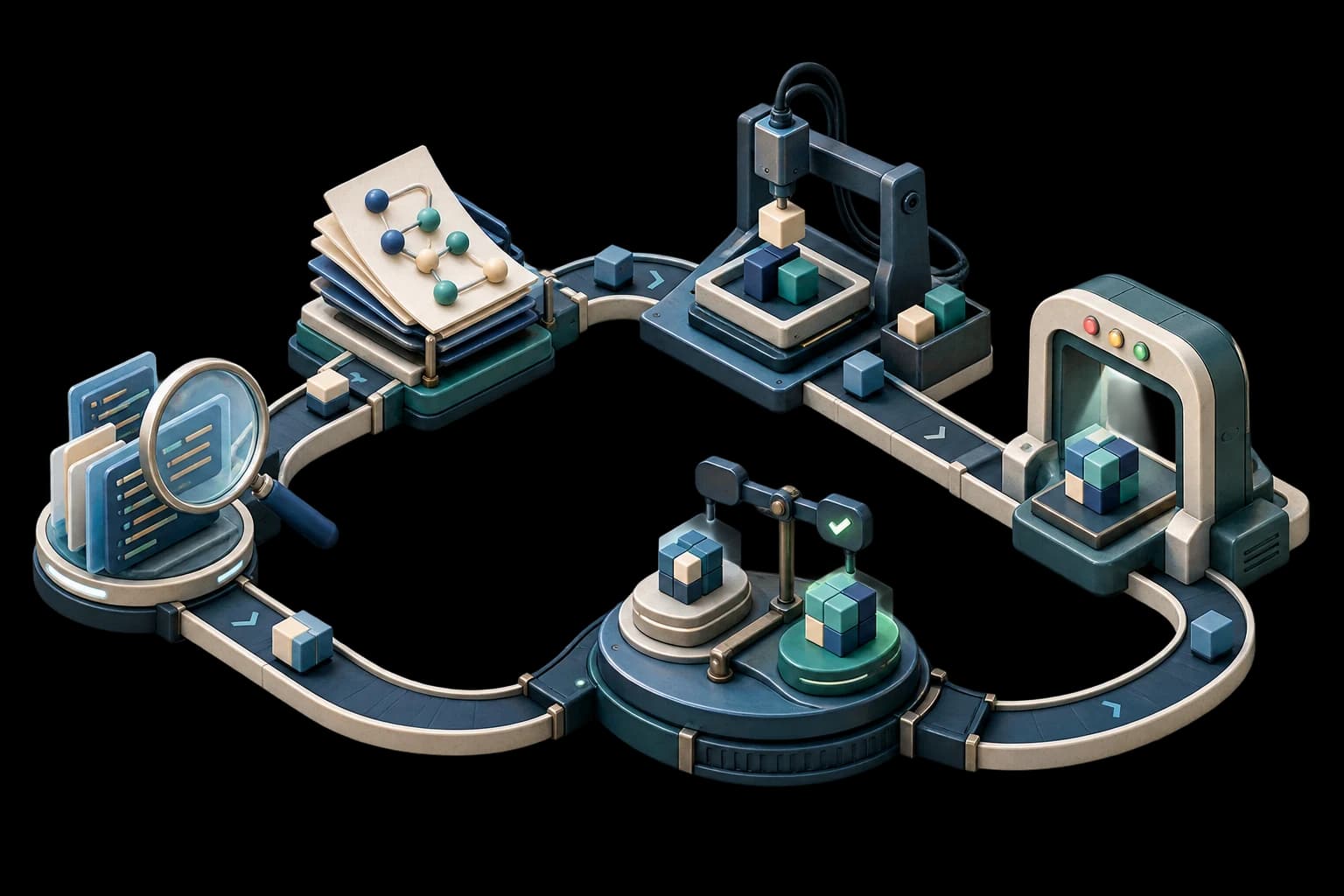 A five-stage 3D workflow moving from repository inspection through planning, building, verification, and measured experiments